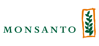 Logo van Monsanto met groene hoofdletters 'MONSANTO' en een oranje rechthoekige omlijning met een groene plant met meerdere bladeren