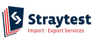 Straytest Import - Export Services logo met gestileerde rode en blauwe pijlen en tekst