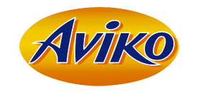 Aviko logo met blauwe tekst op een gele ovale achtergrond