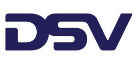 DSV logo met de letters 'DSV' in een donkerblauwe, vetgedrukte lettertype
