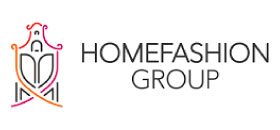 HOMEFASHION GROUP logo met abstract ontwerp in rood, oranje en roze, en tekst 'HOMEFASHION GROUP' in hoofdletters