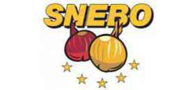 SNEBO logo met gele, vette letters, twee uien (één rood en één geel) onder de tekst, omringd door vijf sterren