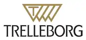 Logo trelleborg in zwarte letters en driehoekjes met een T erboven in goud.