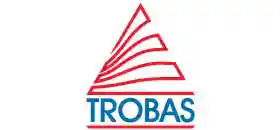 Trobas Logo met blauwe letters en rode driehoek erom heen